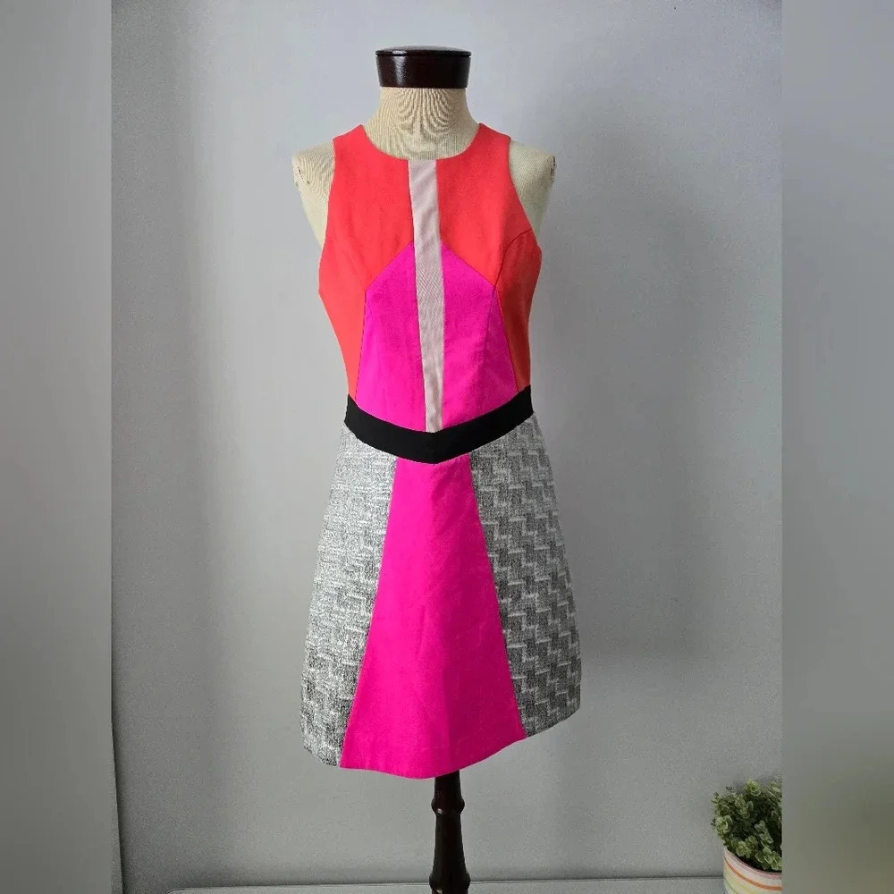 Pink stitch 60s gogo style mini sleeveless pink, orange and silver dress. Size 6